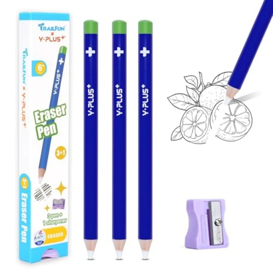 

Pen Style Eraser Eraser Pen, 3 Pcs Eraser Pen with Sharpener, Sharpenable Eraser Stick, School Art Supplies for Artist Adult