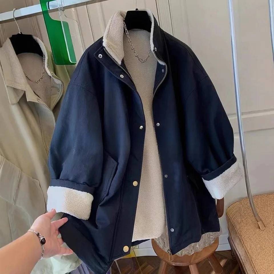 

Офисная женская осенне-зимняя верхняя одежда, новые куртки, женское хлопковое пальто с шерстяной подкладкой, толстое пальто с воротником-стойкой, на молнии и пуговицах