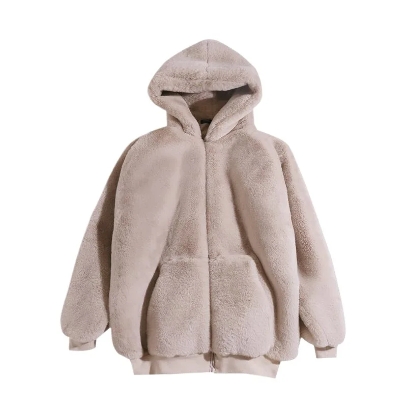 Korean Style New Fashion Women's Solid Color Simple Basic Elegant Casual Trendy Zipper Hooded Faux Fur Coats Female Clothes Tops 3