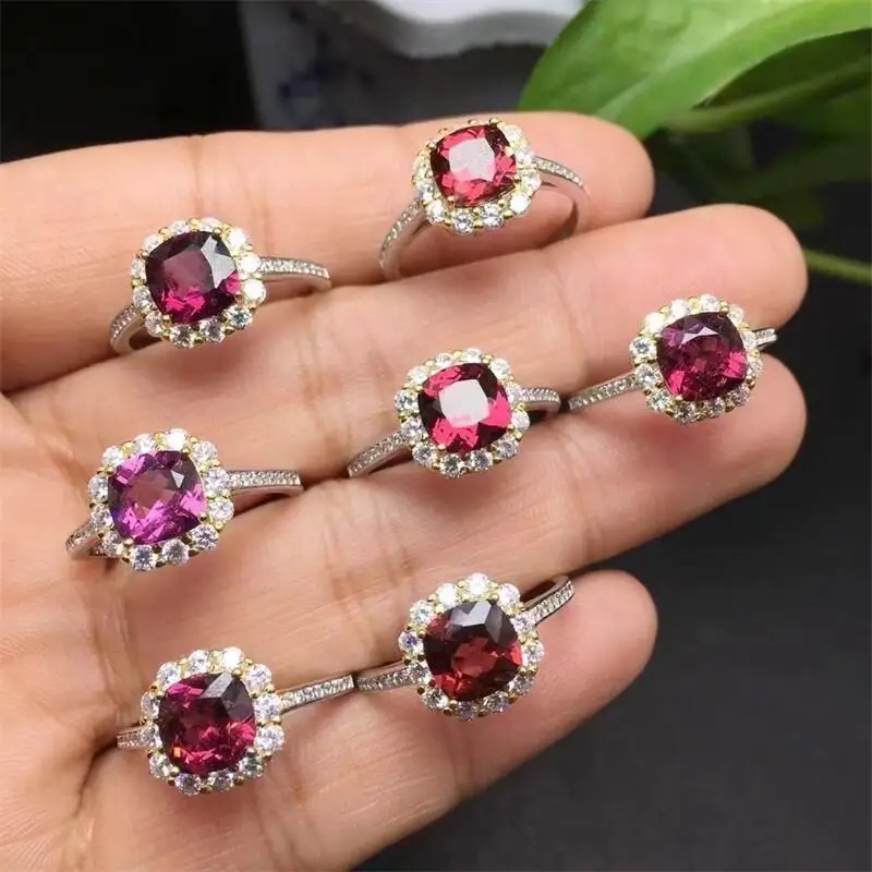 S925 Natural Facet Garnet Ring Healing Fengshui Crystal Reiki Jewelry Accessories Holiday Gifts 1PCS