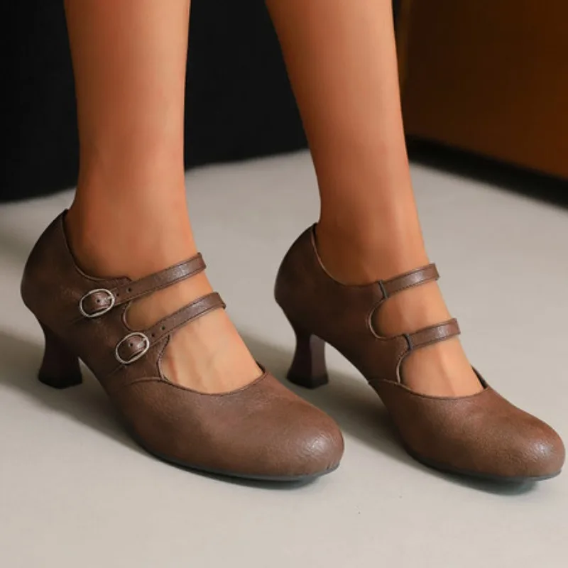 

Vintage Red Black Apricot Shoes Spring Women Round Toe Mary Jane Pumps Retro Dancing High Heels Size 32-48 Sapatos Femininos