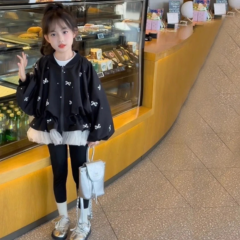 Puff Long Sleeve Children's Bowknot Jacket Black Lace Bow Girls Baseball Jacket Patchwork Princess Outerwear Baby Windbreaker