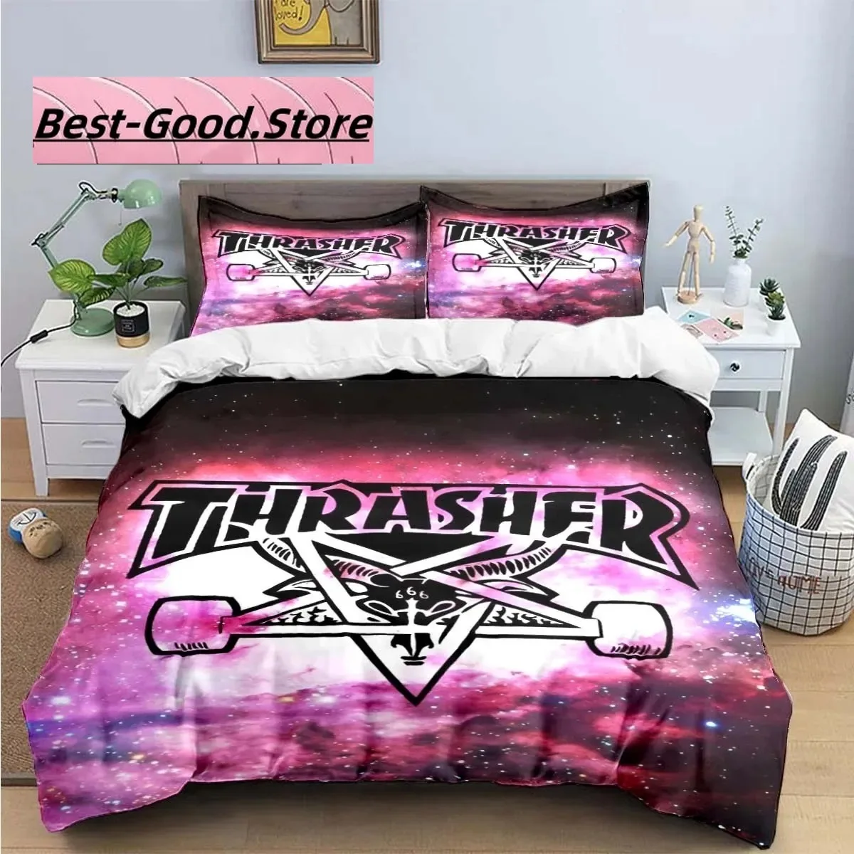 

3D Print Fashion Cool T-Thrasher Logo Bedding Set Boys Girls Twin Queen King Size Duvet Cover Pillowcase Bed boys Adult Bedroom