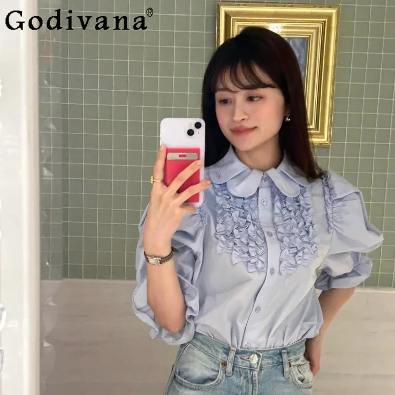 Summer 2025 New Japanese Sweet Short Sleeve Shirt Women's Flower Collar Fungus Edge Bubble Sleeve Top Ladies Casual Blouses