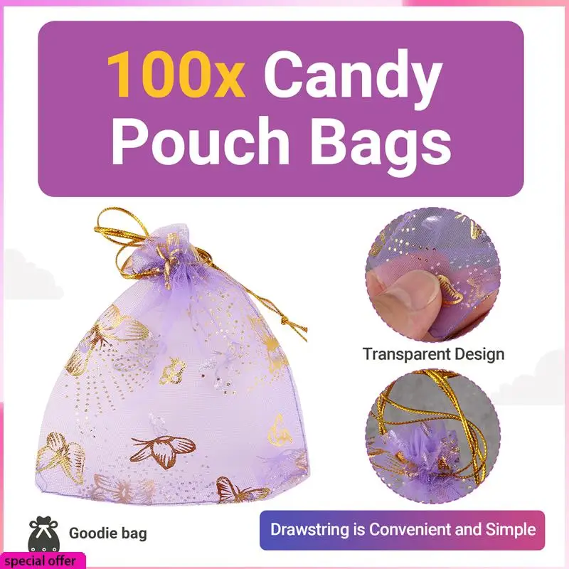 

A64Z 100Pcs Butterfly Drawstring Organza Wedding Gift Jewellery Candy Pouch Bags Purple