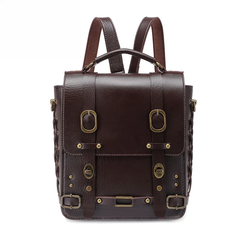 

Vintage Steampunk Brown Faux Leather Backpack with Antique Brass Hardware, Retro Gothic Rucksack, Multi-functional Shoulder Bag