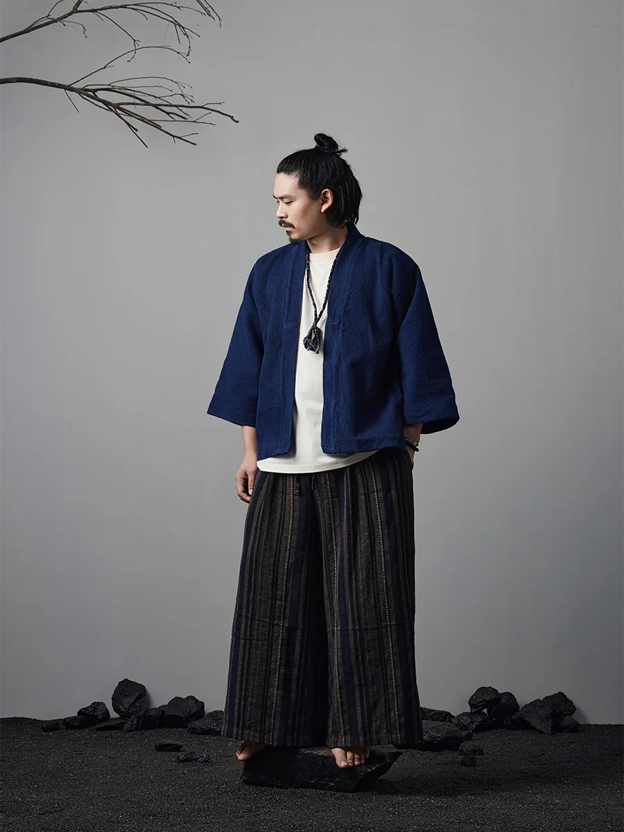 Indigo-Dyed Robe Japanese Casual Loose Versatile Shoulder Kimono Retro Three-Quarter Sleeve Shirt Jacket Workwear