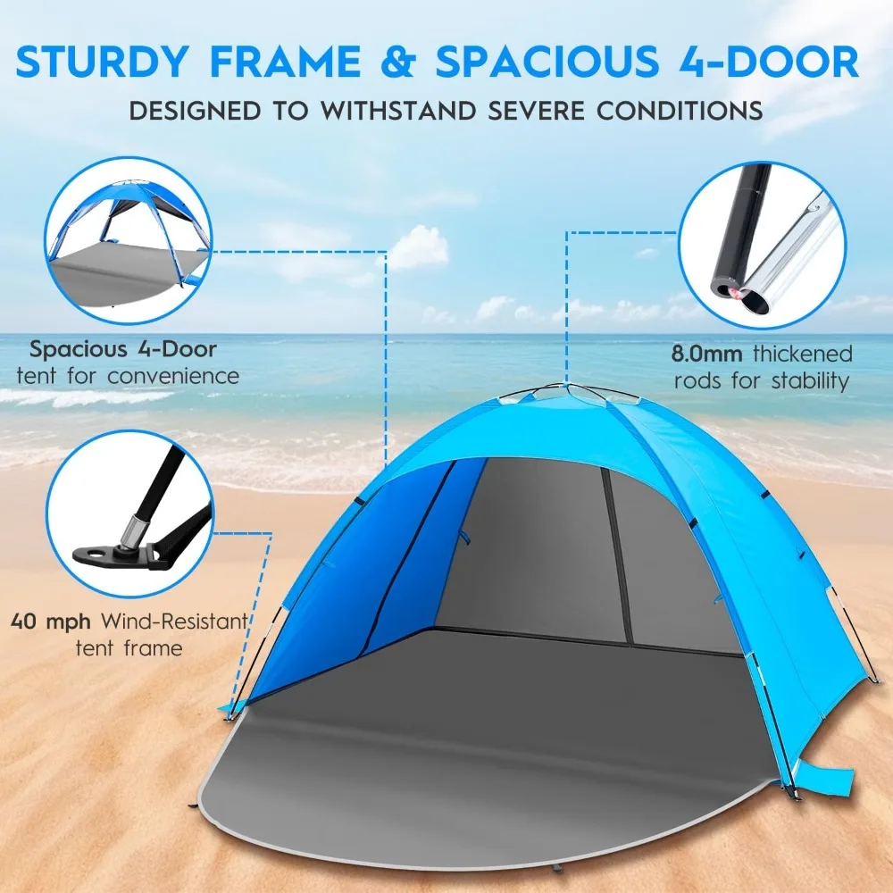 خيمة محمولة مأوى للشمس تتسع لـ 4 أشخاص مع عامل حماية من الأشعة فوق البنفسجية 50+، تصميم مكون من 4 أبواب قابل للتنفس وأعمدة من الألياف الزجاجية مقاس 8.0 مم #3