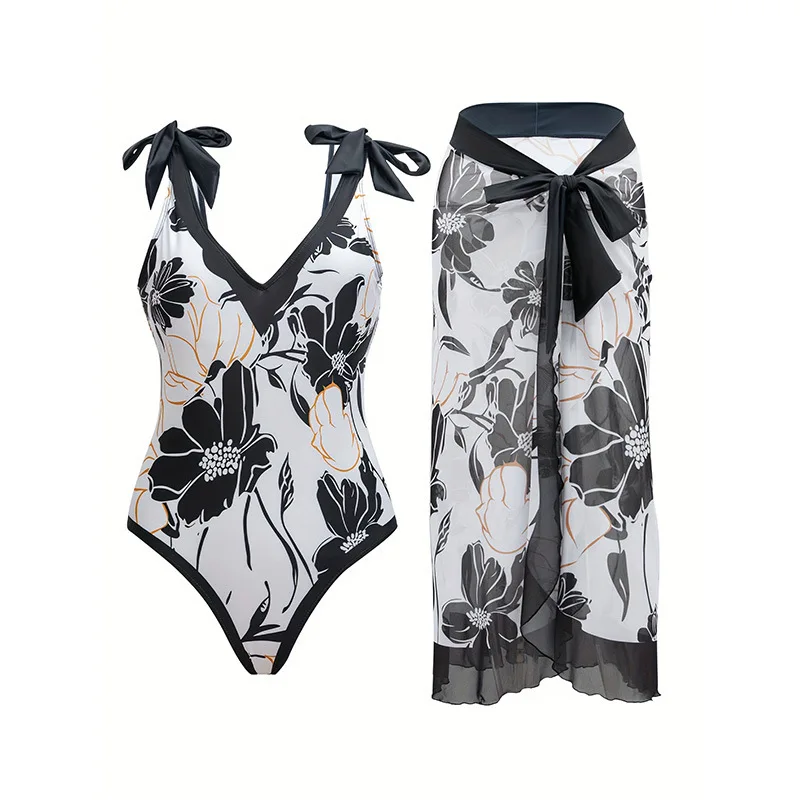 

2025 European and American - Swimsuit Two- Set New Bowknot Shoulder Strap Sexy Gathered High-End One-Piece Swim