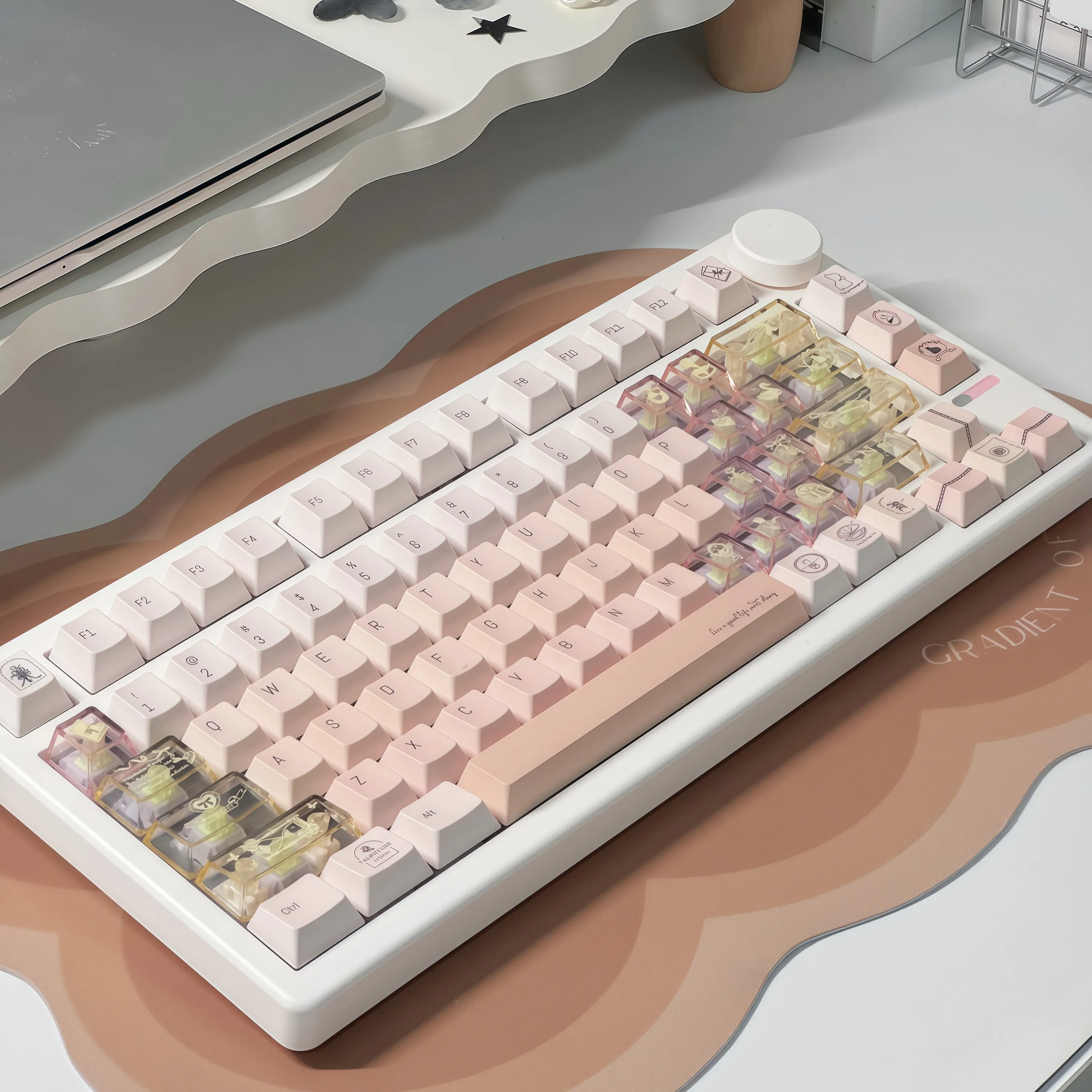 Champagne Color Keycap Set Cherry Profile PBT+PC Translucent Custom for Mechanical Keyboard Elegant Gentle Key Cap Girls Gifts