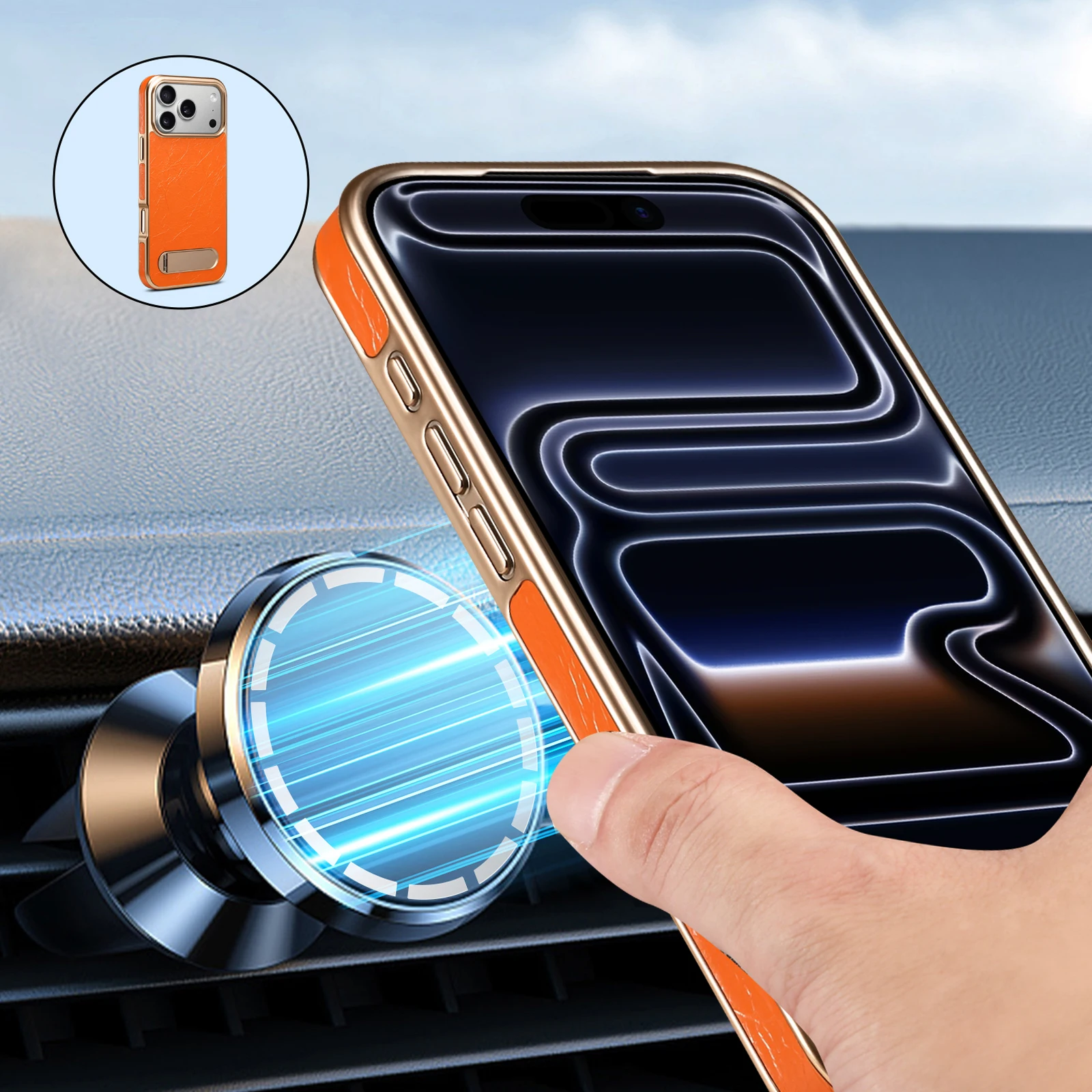 

Роскошный чехол из натуральной яловой кожи для iPhone 17 Pro Max Air 16 15 14 13 Pro со встроенным магнитным металлическим невидимым кронштейном