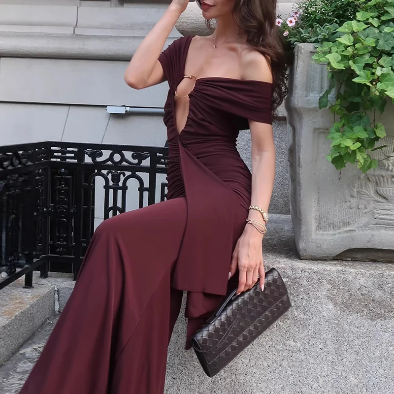 

Сексуальное вечернее платье с вырезом-лодочкой и вырезами, облегающее, с завышенной талией, однотонное, плиссированное, летнее, новое, женское, для офиса