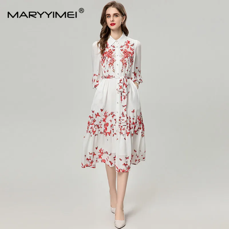 MARYYIMEI Fashion Women's Shirt Collar Lantern Long-Sleeved Single-Breasted Diamond Lace-Up Butterfly Printed Elegant MIDI Dress