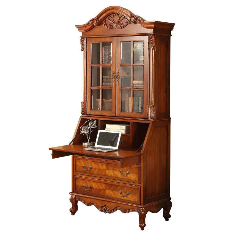 

American solid wood bookcase desk integrated, European retro two-door bookcase with door floor storage cabinet