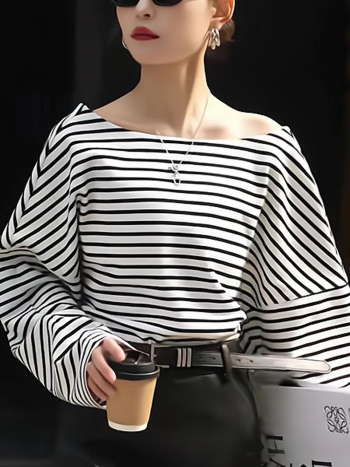 

Элегантный осенний полосатый универсальный модный дизайн с ощущением высокого класса, свободный крой в корейском стиле, длинный рукав, для повседневной носки