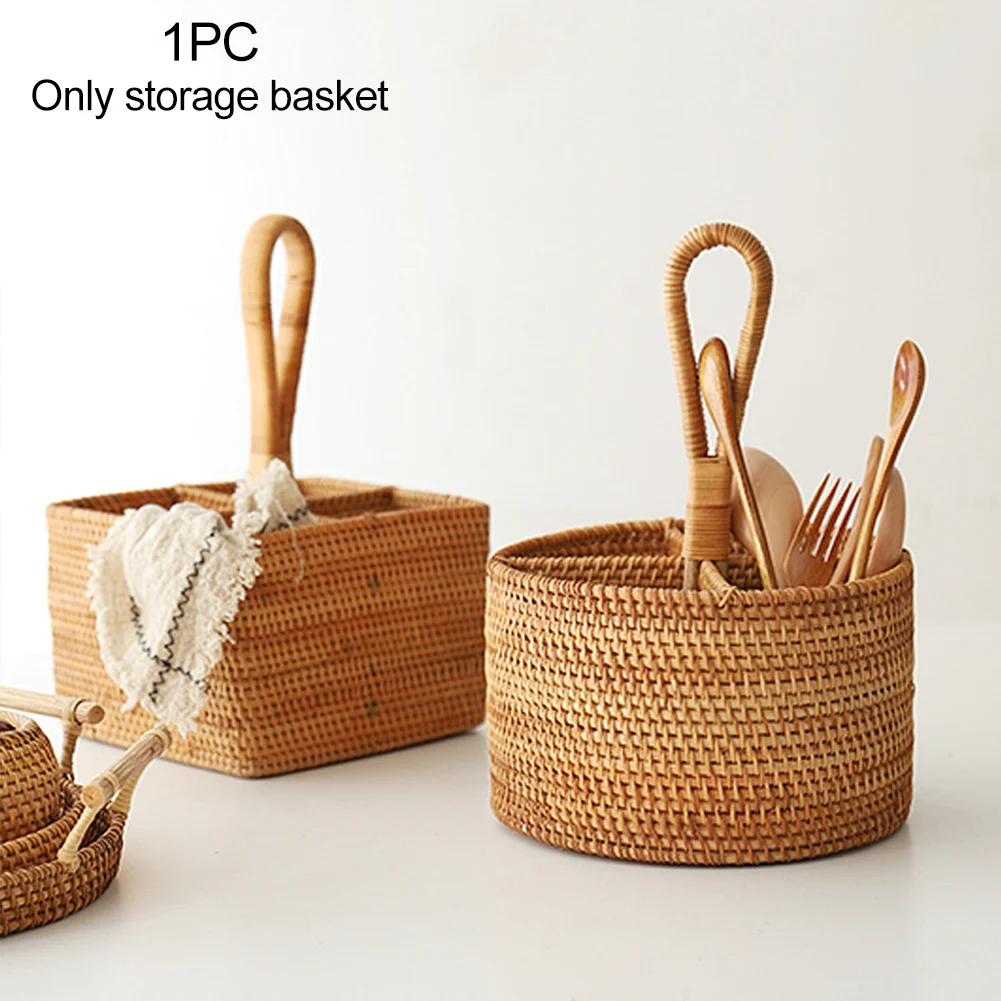 Hand Woven Rattan Storage Basket Household 4 Grid Storage Baskets Whit Handle Coffee Table Top Wine Glass Remote Control Storage