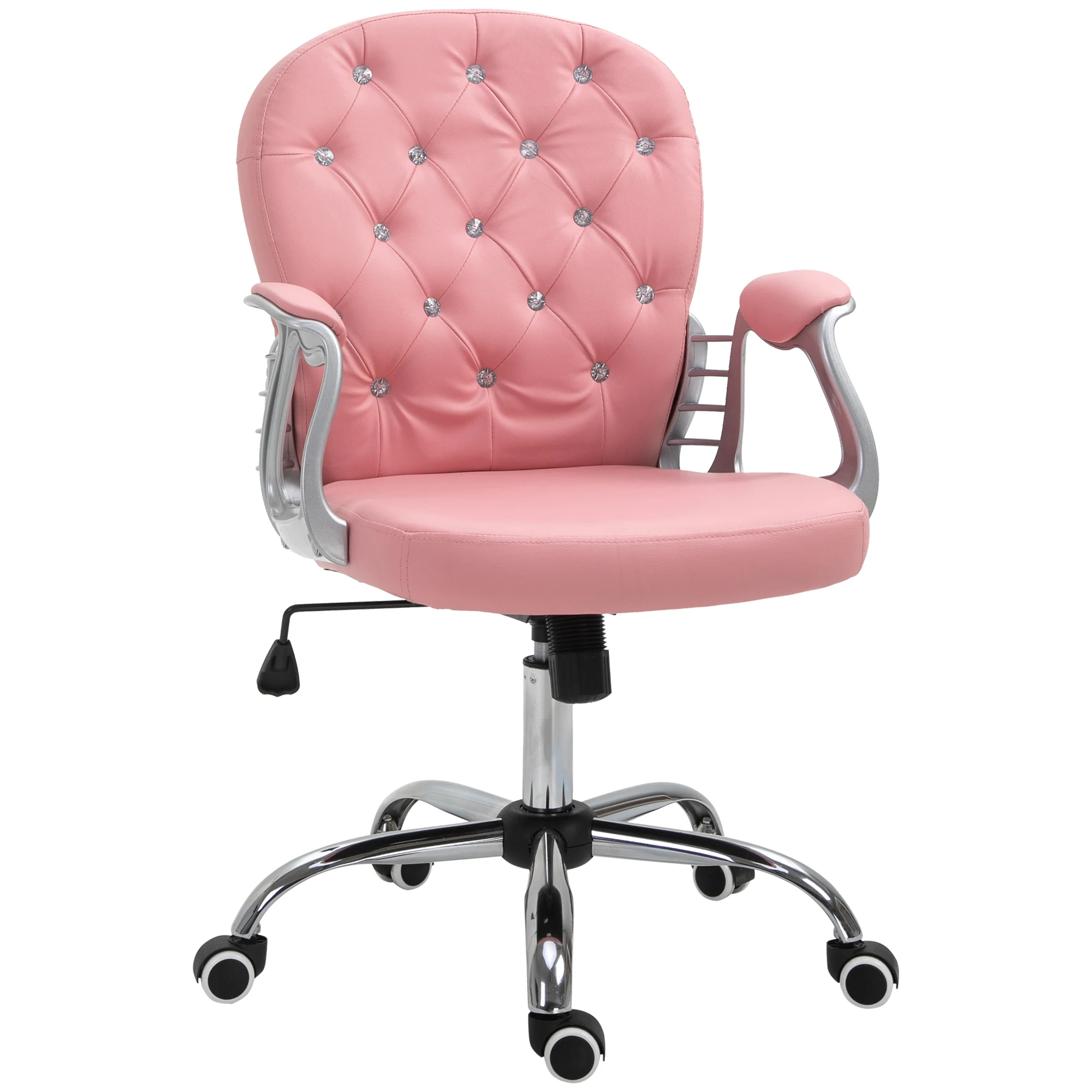 PU Leather Home Office Chair, Button Tufted Desk Chair with Padded Armrests, Adjustable Height and Swivel Wheels, Pink