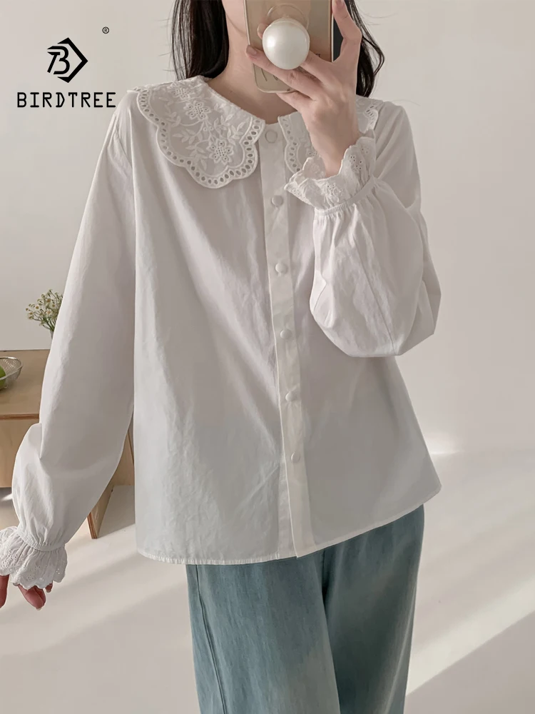 

New 2026 Spring Women Cotton Long Sleeve Shirt, Peter Pan Collar Lace, Mori Girl Sweet Age Reduction Chic Loose Blouse T61752CC