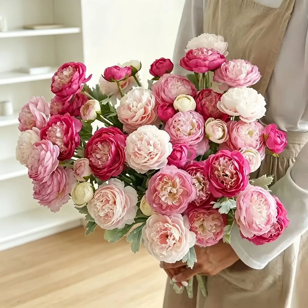 Flor de Loto de Peluche de 3 Cabezas, Flor Artificial de Peonía, Decoración del Hogar, Decoración de Ventanas, Decoración de Rosas para Sala de Estar