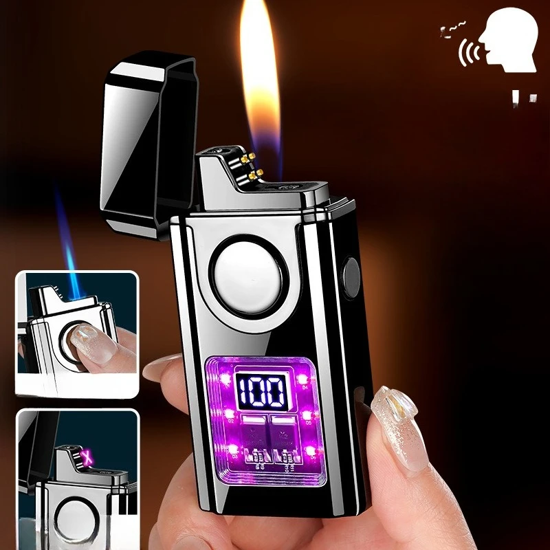 Intelligent Voice Control 3 Flame Butane Gas Lighter Creative Open Flame And Jet Blue Flame Dual Arc Pulse USB Electric Lighters