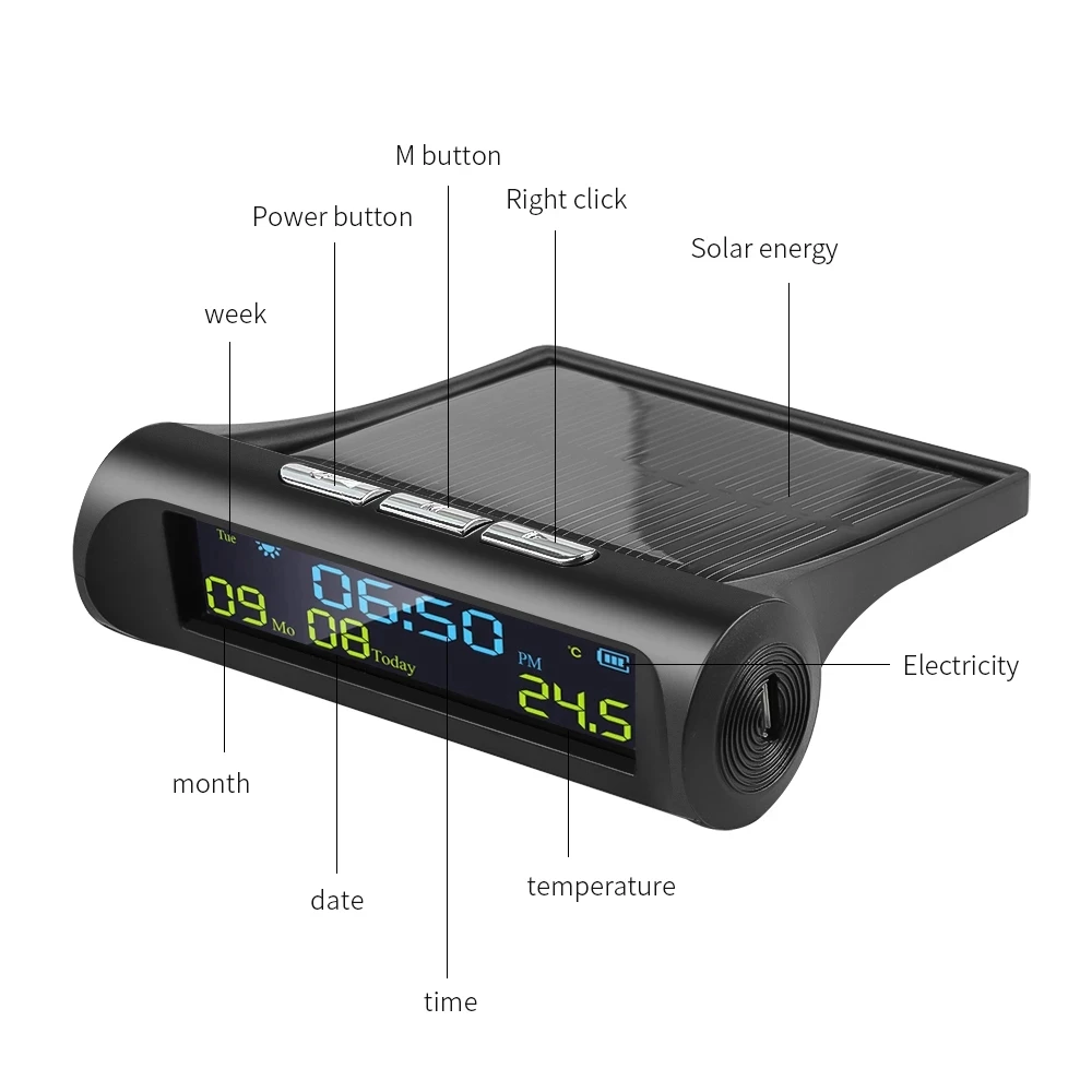 Car Solar Digital Clock with LCD Time Date In-Car Temperature Display for Outdoor Personal Car Part Decoration A