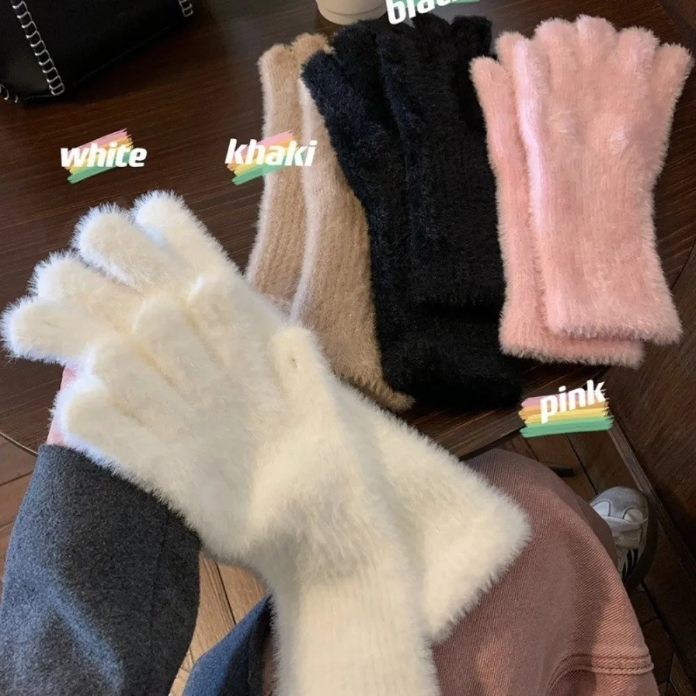 かわいいタッチスクリーン編み手袋厚く暖かい弾性ソフトぬいぐるみ手袋すべての指ニットミトン秋冬用