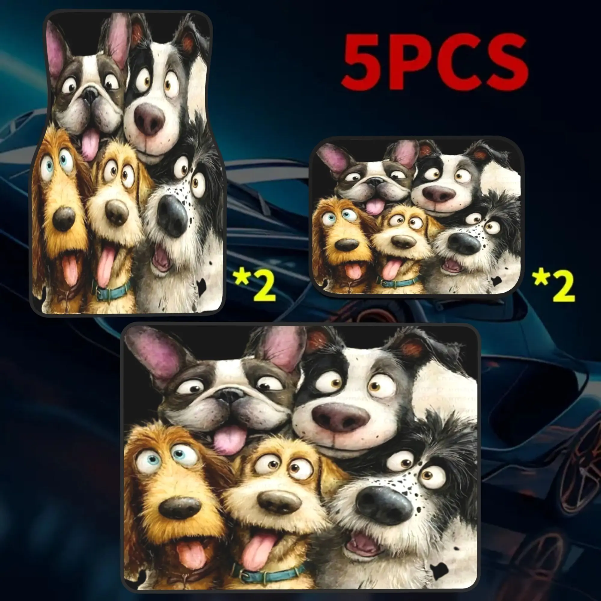 5pcs 2D Printed Funny Dog Group Photo Print Car Floor Mats & Trunk Mat Set, 4 Floor Mats + 1 Trunk Liner, Enhance Vehicle Comfor
