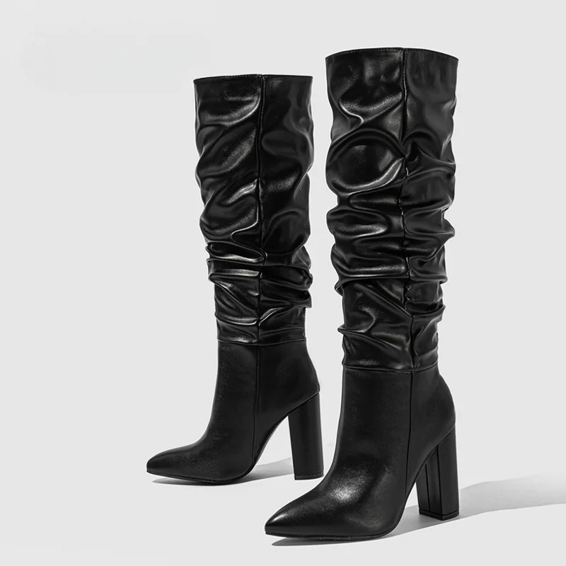 Size 35-42 White Pleated Leather Long Boots Women Autumn Winter Chunky Heels Motorcycle Knee High Shoes Botas Largas Mujer