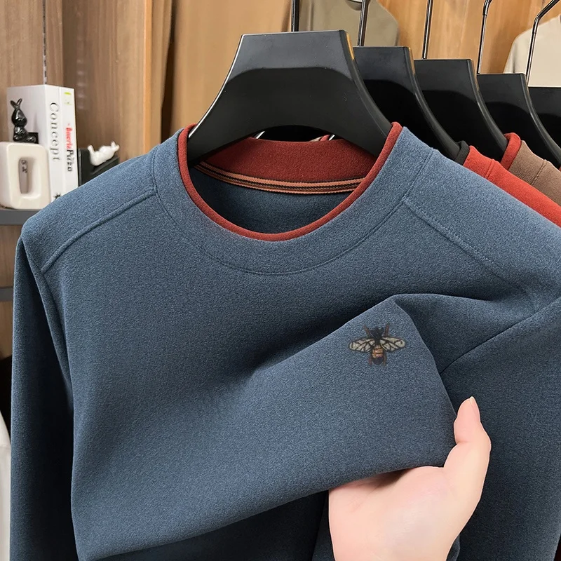 Autumn Winter Men's O-Neck Embroidery T-Shirt Solid Color Comfortable Long Sleeve Base Tops Skin Friendly Daily Wear Men's Wear