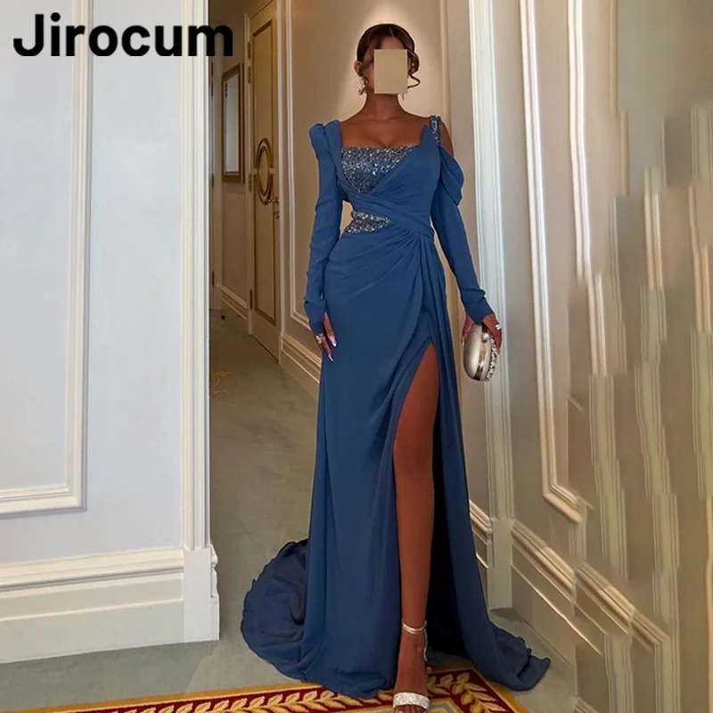 

Jirocum Mermaid Evening Gown Women's Square Neck Long Sleeve Beaded Party Prom Dress Floor Length Slit Special Occasion Dresses