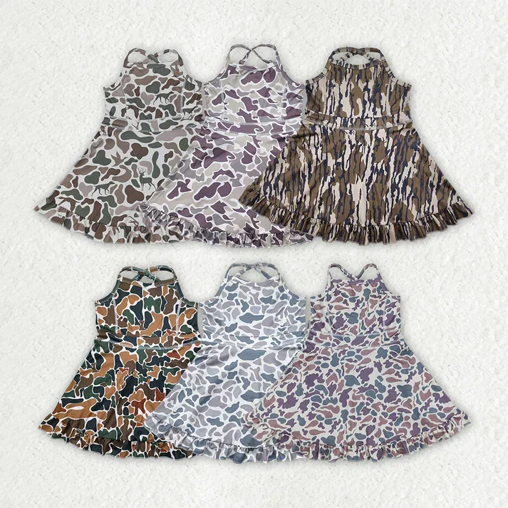 

Wholesale Hot Sale Baby Girls Strap Western Camo Print Yoga Activity Wear Ruffle Knee Length Dresses