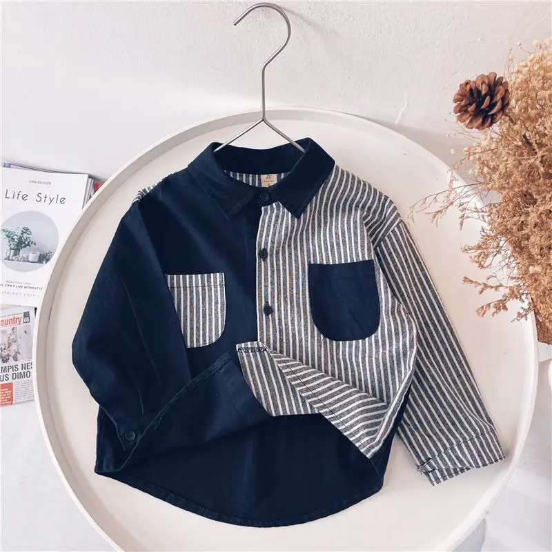 2023 New Korean Fashion Shirts for Boys Loose Casual Cute Kawaii Anime Sports Chic Vintage Patchwork Stripe England Style Top