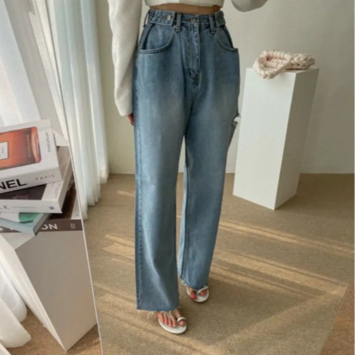 

High Waist Adjustable Buckle Wide Leg Jeans Casual Straight Leg Blue Cotton Denim Non-Stretch Comfortable Fit for All Seasons