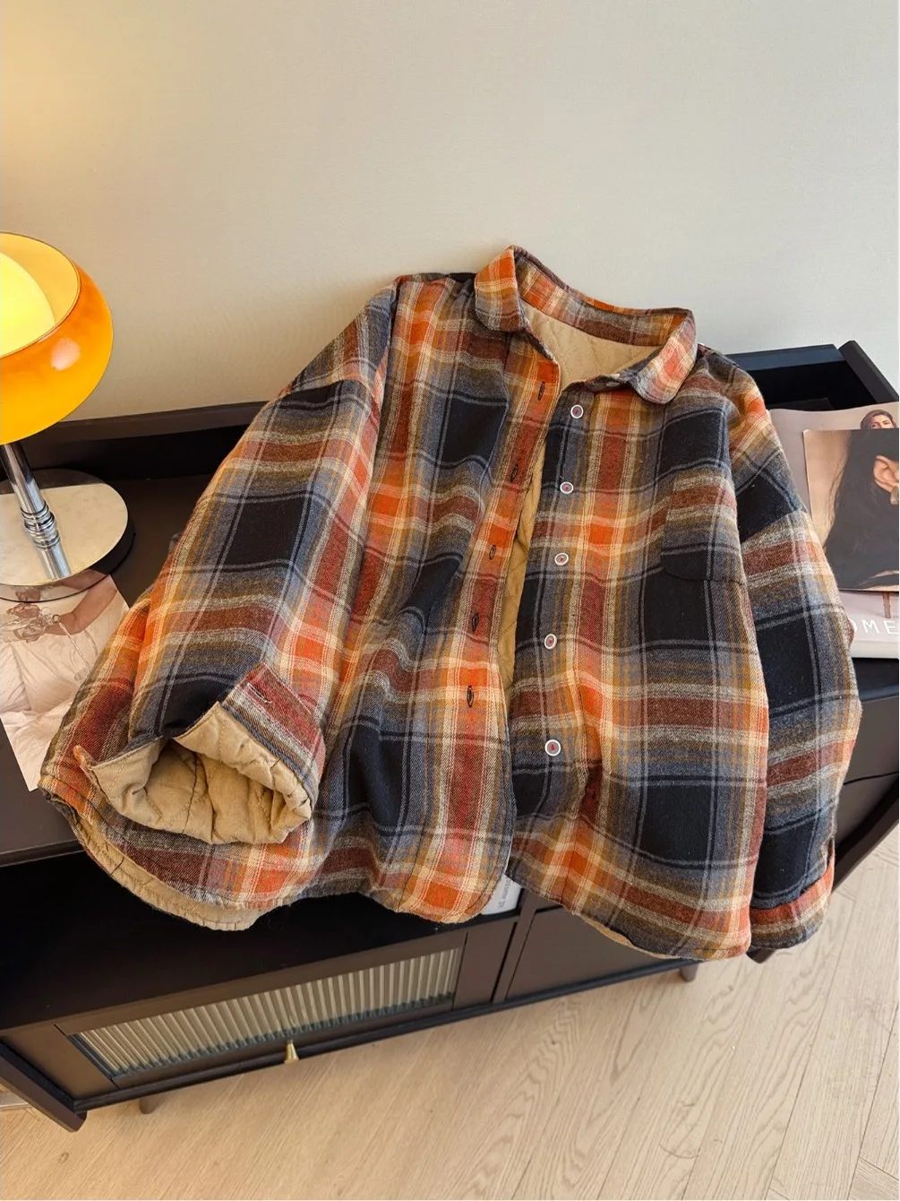 

Thiened Cotton irt Ladies Long Sve Warm Plaid Loose Jaet Faionable Autumn Winter Clothes Women's Clothing