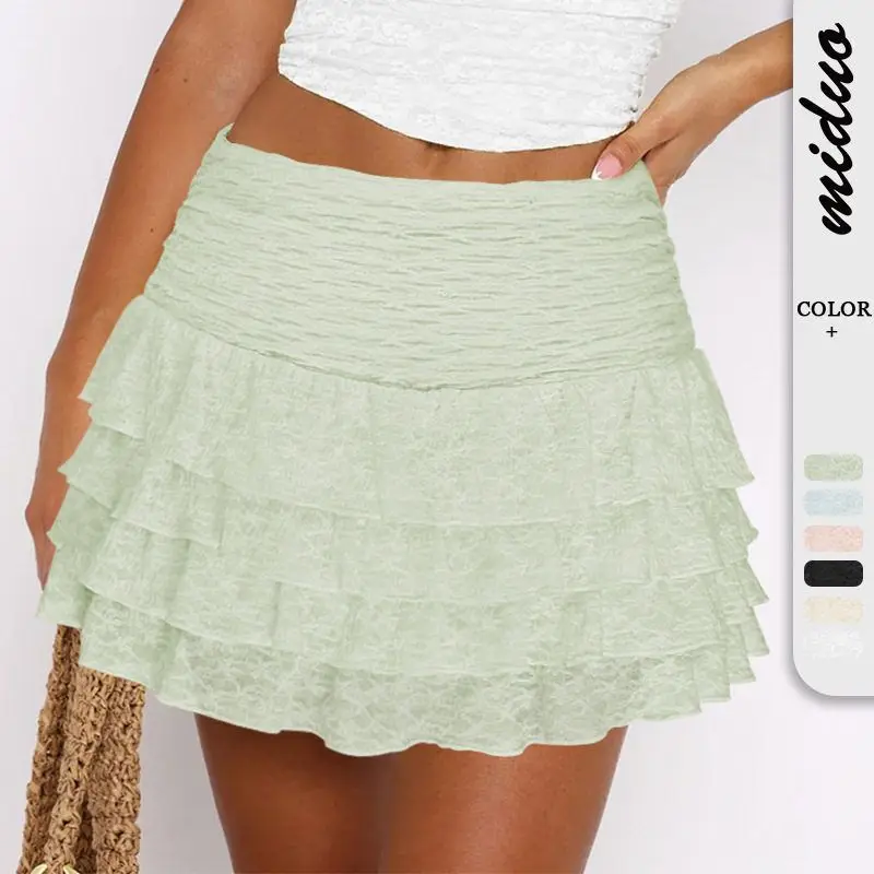 Faionable لون نقي الدانتيل مطوي تنورة المرأة الربيع الصيف كعكة تنورة ألياف البوليستر ort تنورة البوليستر 95%