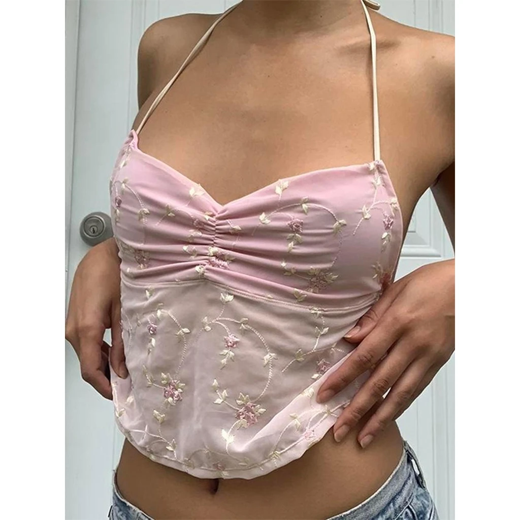 Women's y2k Slim Fit Halter Tops Summer Casual Aesthetic Floral Embroidered Bandage Backless Sleeveless Cropped Tops Street Wear