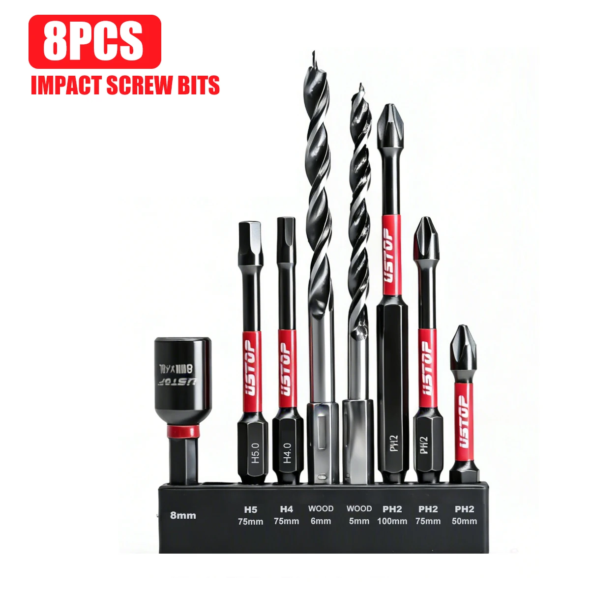 8-Piece S2 Steel Multi-Functional Impact Bit Set, Including Socket/Hexagon Bits/Woodworking Drill Bits/Phillips Bits, Strong Magnetic, Anti-Twist, High Hardness Repair Tools
