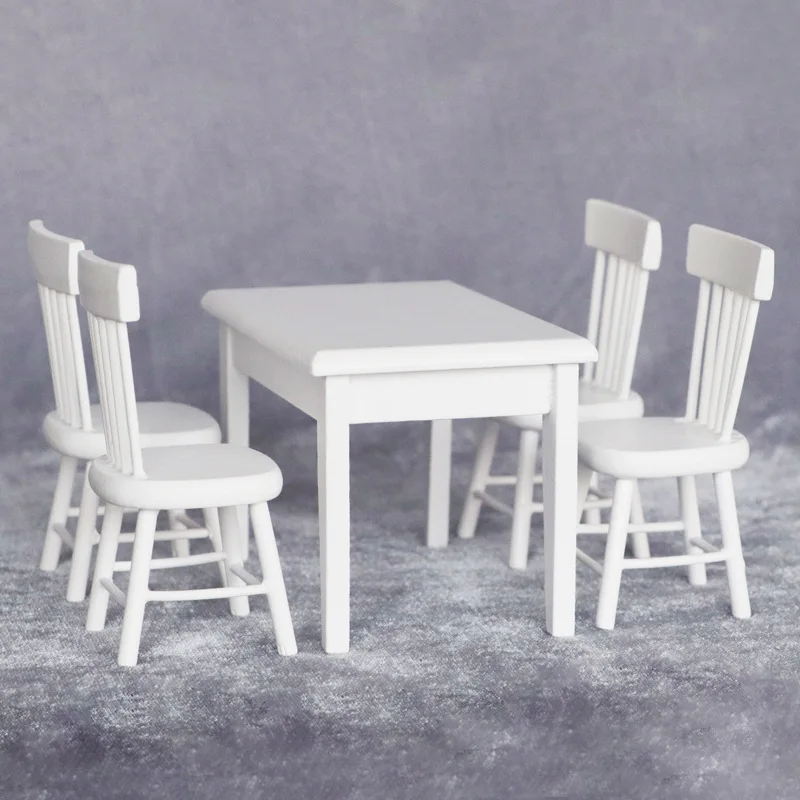 Zhexitoy 1/12 Dollhouse Miniature Furniture White Wooden Dining Table Chairs Model Toys Mini Doll House Decor Table Toys