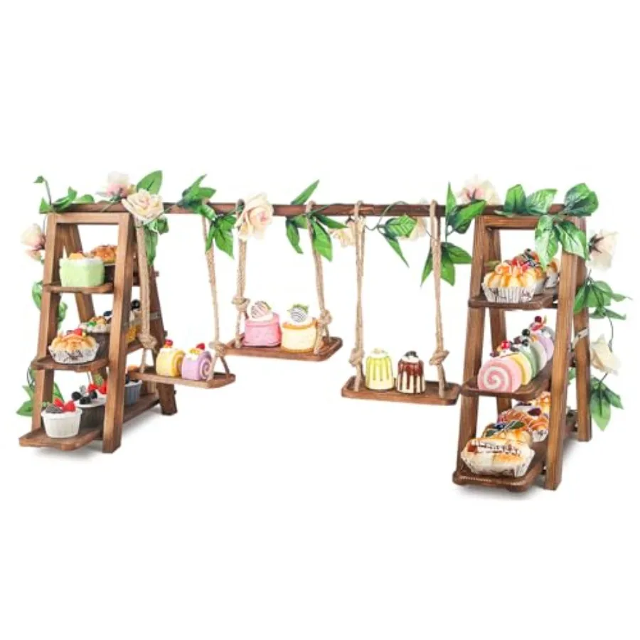

Upgraded Large Wooden 3 Tier Swing Cupcake Stand with Flower Decor Removable Trays Foldable Ladder Display for Cake Snacks Frui