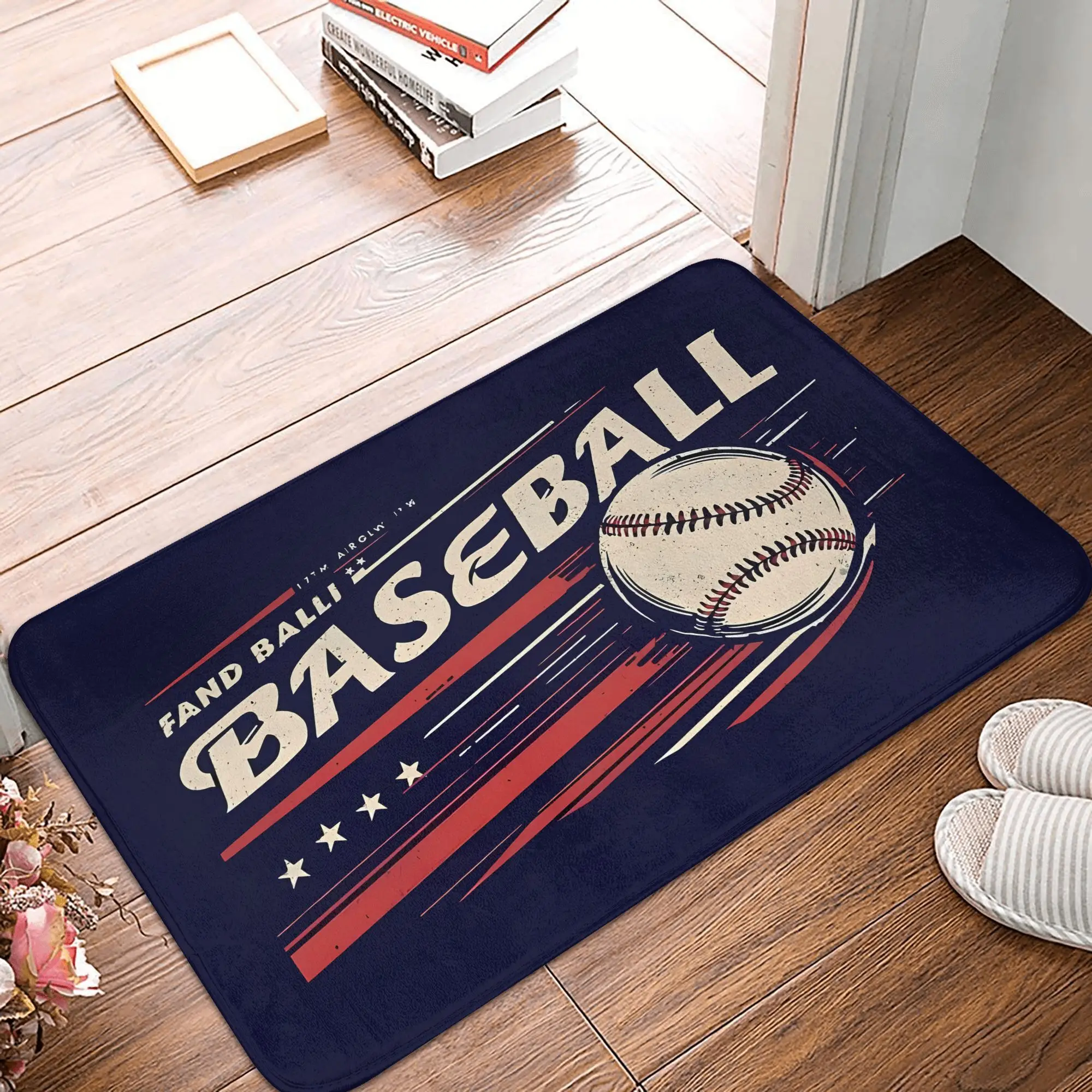 Baseball doormat-Vintage stitched baseball, red and white star stripe dark blue bottom, soft suede non-slip machine washable