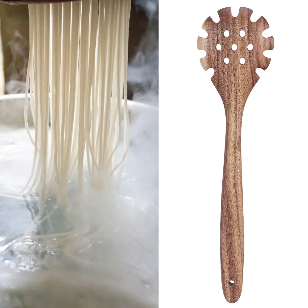 Food Grade Teak Cooking Spoon with Teeth Handmade Strainer Wooden Noodle Colander Comfortable Italian Style