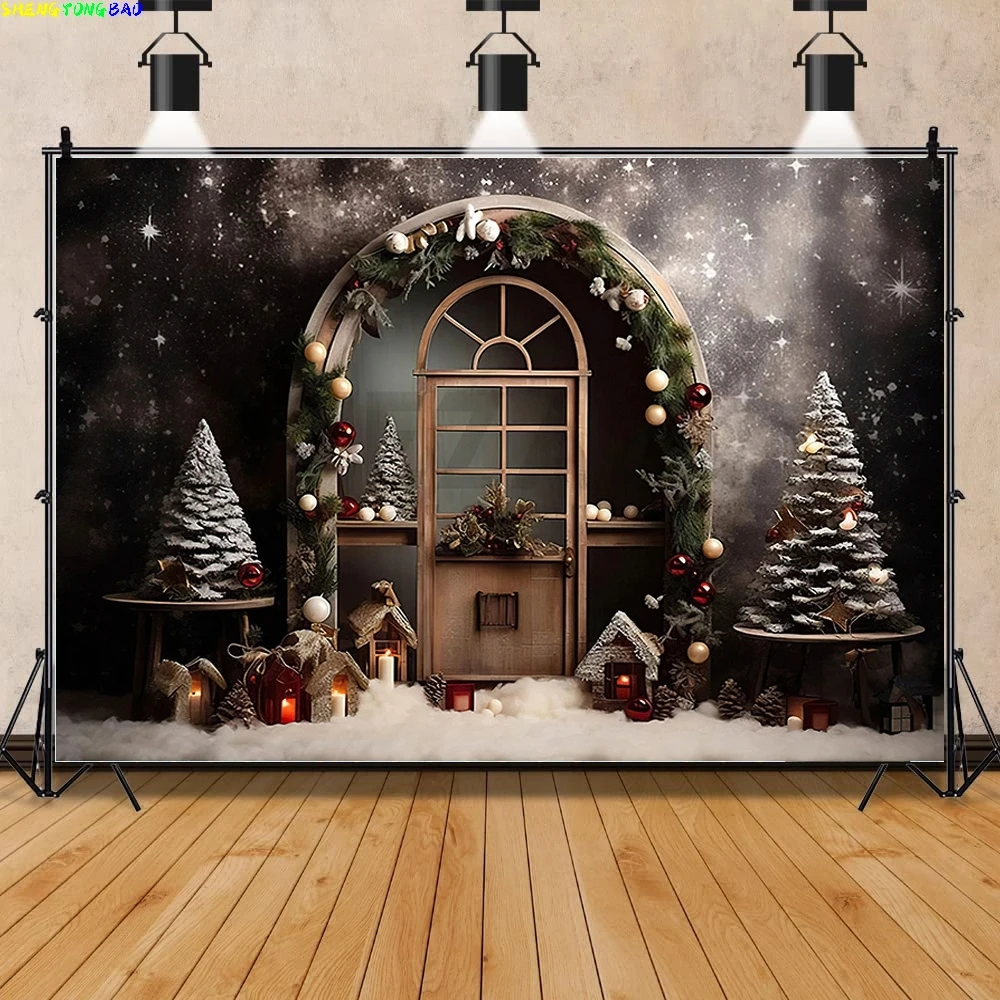 

Vinyl Custom Christmas Tree Window Wreath Photography Backdrop Wooden Doors Snowman Cinema Pine New Year Background Prop TNB-03