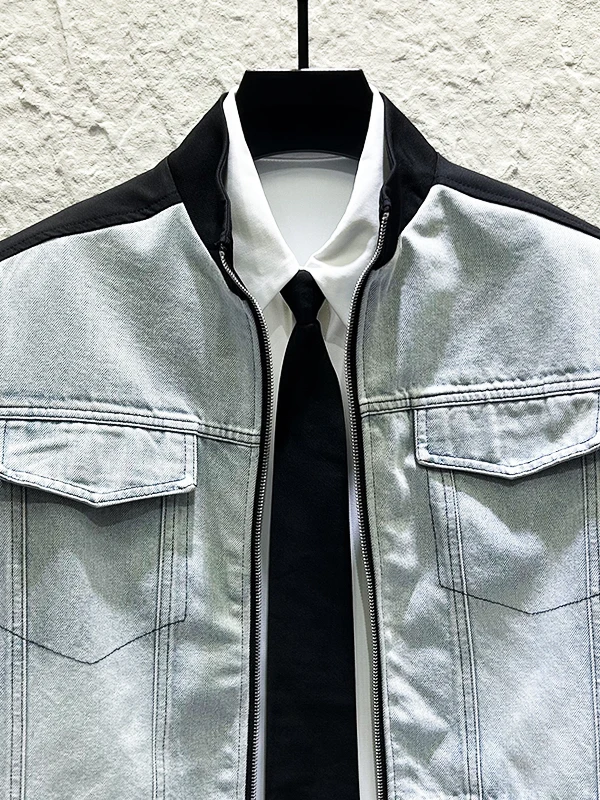 2025 Men's New Personality Contrast Color Design Zipper Stand Collar Jacket Men's Fashion Loose Versatile Splicing Denim Jackets