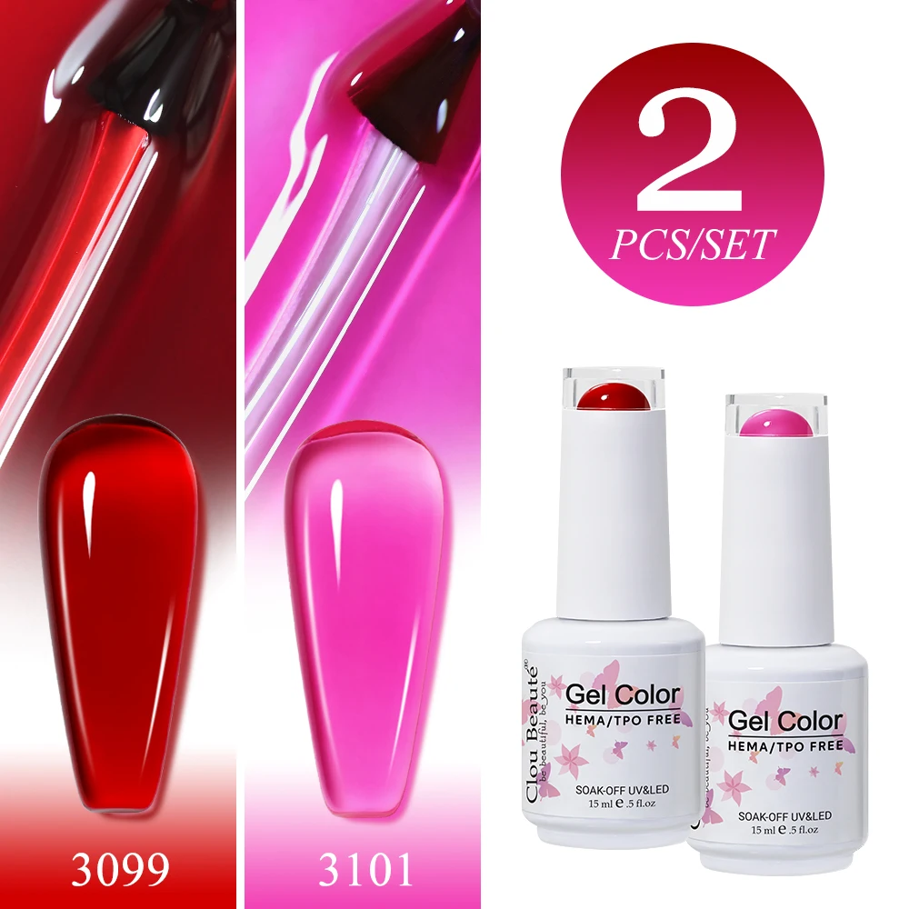 Clou Beaute 2 Stück durchscheinendes rosa Rubinrotes Nagelgel, semi-permanenter Lack, Gelee-Gel-Nagellack, französische Nagelkunst, 15 ml