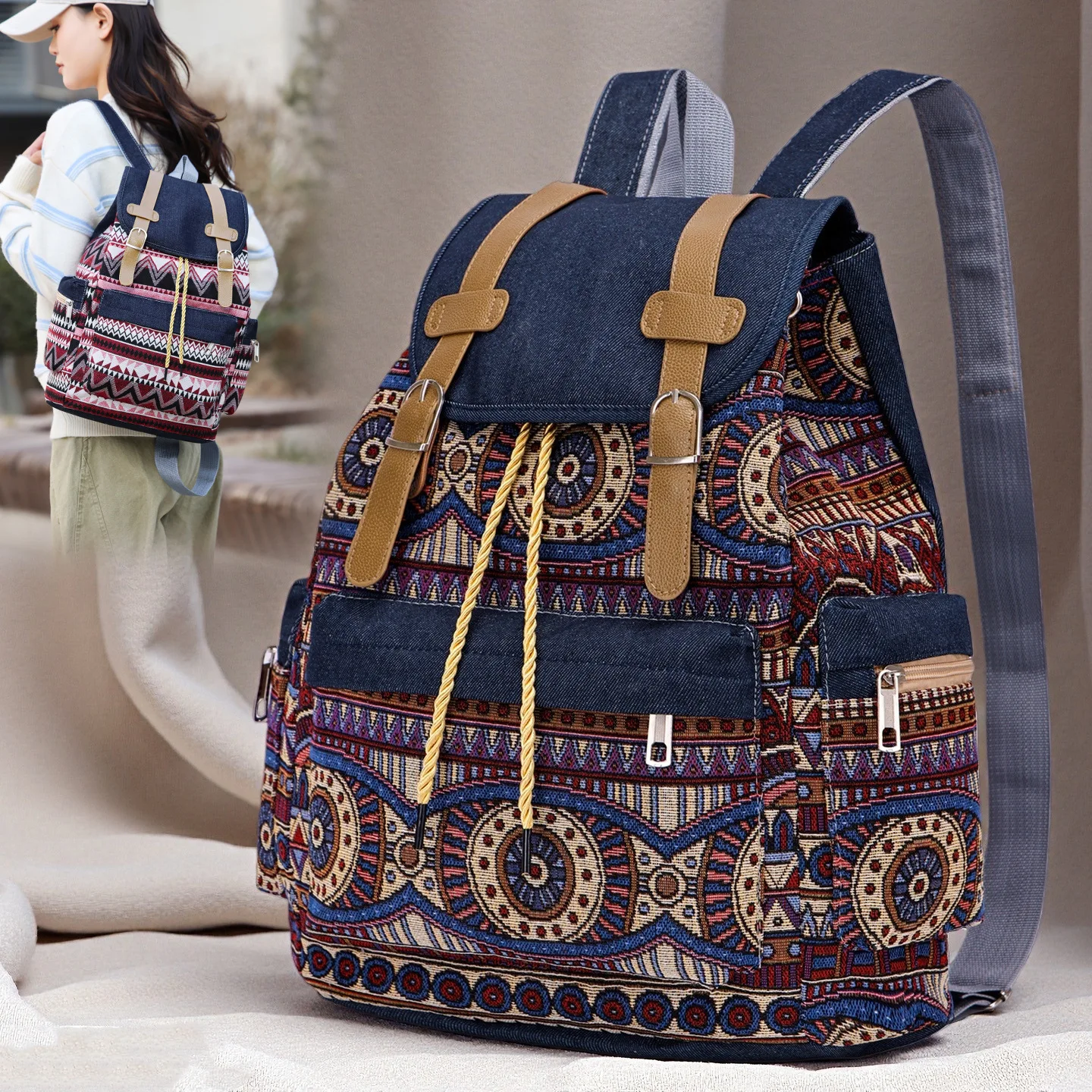 Women Printing National Backpack Canvas School Bags for Teenagers Shoulder Bag Weekend Travel Rucksack Denim Mochilas Femininas