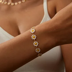 Fashion Daisy Flower Enamel Bracelet for Women Choker Necklace Bohemian Sunflower Stackable Hand String Jewelry