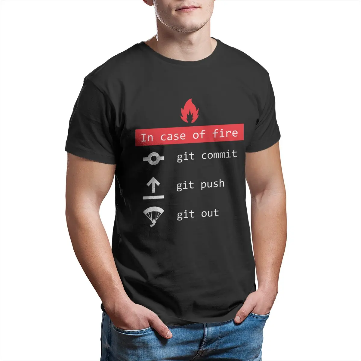 

In Case Of Fire git commit push Funny coder programmer devops network sysadmin geek T-Shirt for Men 100% Cotton Printed Clothing