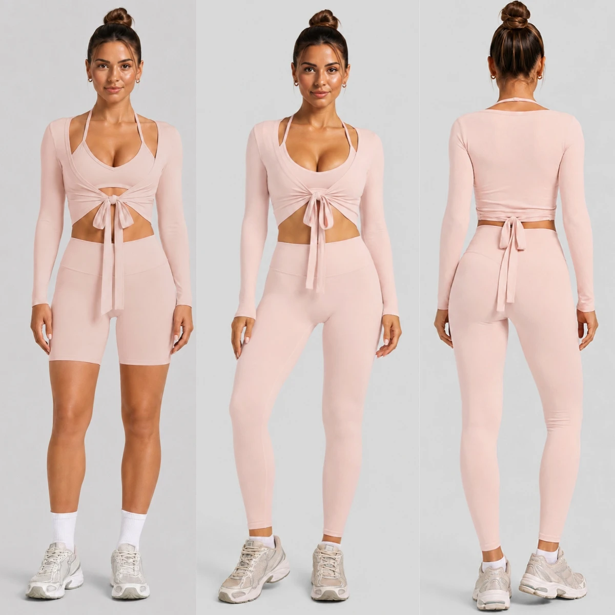 Women 3‑PCS Yoga Pilates Outfit Set Sports Bra Tie‑Knot Long Sleeve Wrap Top High Waist Leggings Stretch Dance Fitness Gym Suit