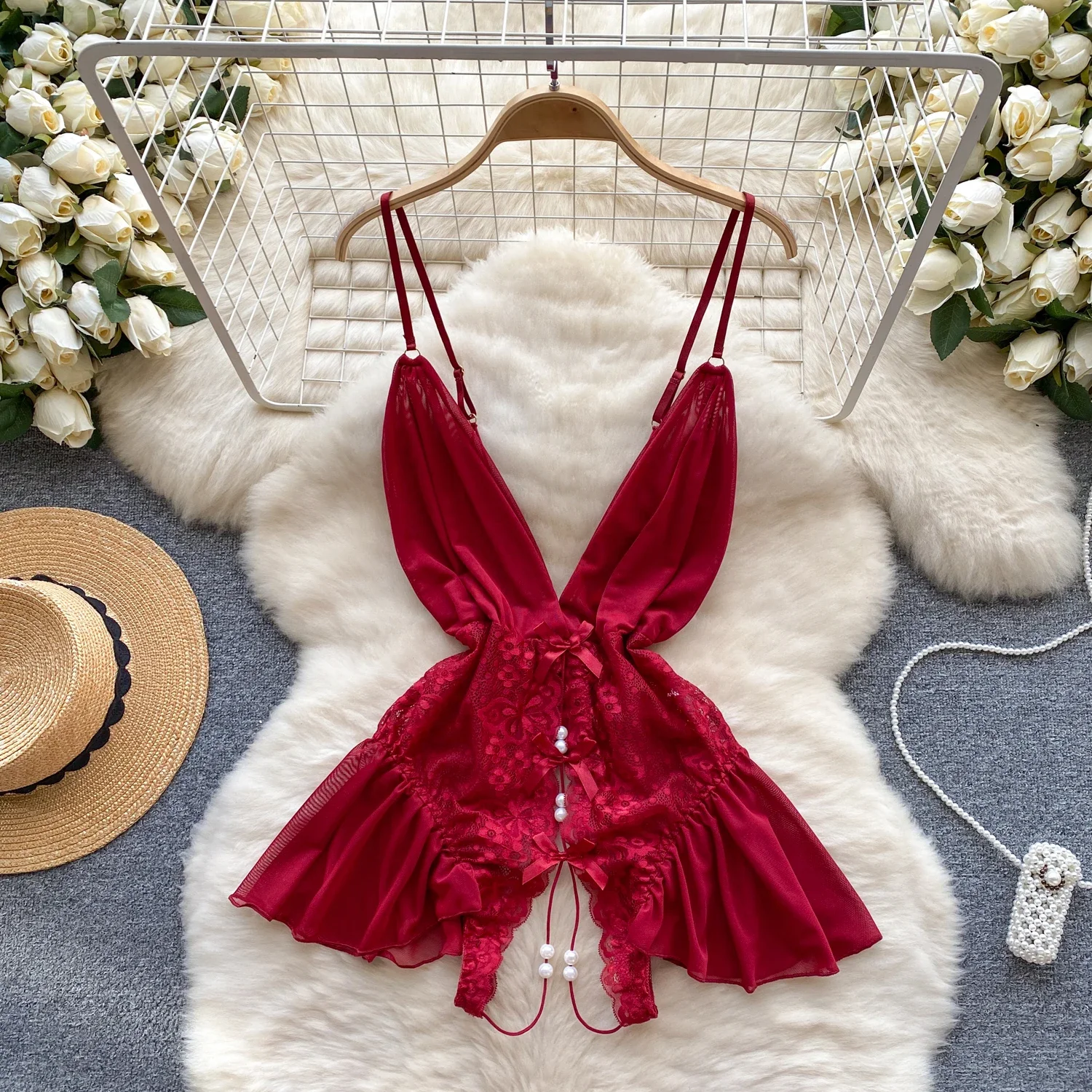 

Beaded Lace Strappy Rompers Jumpsuit Lingerie One Piece Combination Catsuits Skinny Sexy Bodysuits V-Neck Women Solid Clothes
