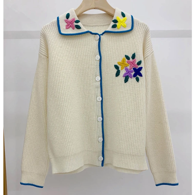 Women Wool Floral Embroidered·Lapel-collar Vintage Cardigan 2023 Korean Dongdaemun Autumn/Winter New in Classic Retro Knit Top